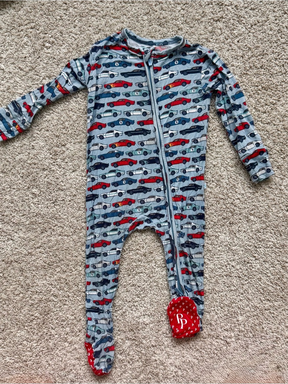 Posh Peanut Gray Footed One-Piece with Red & Blue Cars
